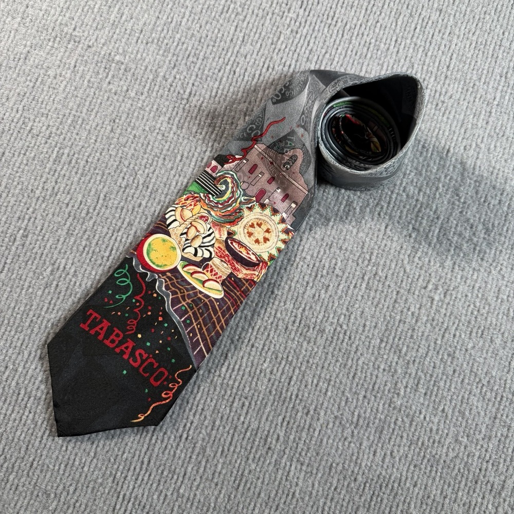 Vintage Mens 100% Silk Tie Tabasco Fiesta Gumbo New Orleans‎ Louisiana